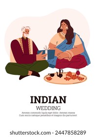 Ceremonia de boda india: caricaturas de la novia y su padre dando un regalo en ropa étnica. La ilustración sobre un fondo blanco es adecuada para el diseño de invitaciones