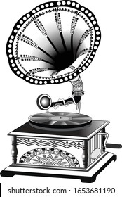Indian wedding clip art of Artistic vintage gramophone black and white artistic line drawing. Sketch music. Vector illustration of gramophone with creative henna style pattern design.