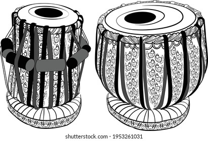 Indian wedding clip art of Artistic line drawing of Indian Classical Music fine designed Instrument Tabla black and white line art illustration. Indian wedding symbol vector illustration line art.