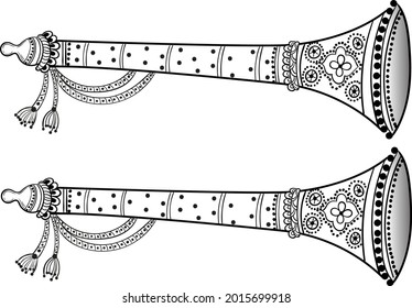 Indian wedding clip art of Artistic beautiful Indian Musical Instrument for Matrimonial - Shehnai pattern design. Indian wedding music instrument shahnai or tutari with creative henna pattern design. svg
