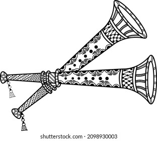 Indian wedding clip art of Artistic beautiful Indian Musical Instrument for Matrimonial - Shehnai pattern design. Indian wedding music instrument shahnai or tutari with creative henna pattern design. svg