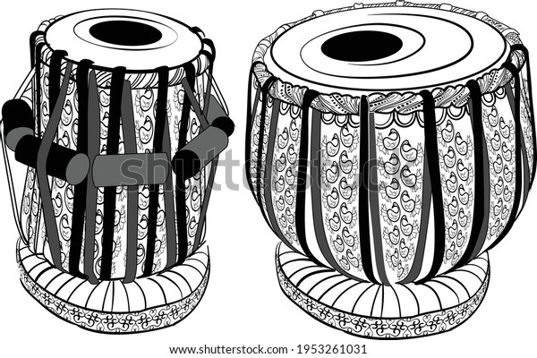 Indian wedding clip art of Artistic line drawing of\
Indian Classical Music fine designed Instrument Tabla black and\
white line art illustration. Indian wedding symbol vector\
illustration line art.