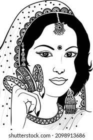 Indian wedding clip art, beautiful bride adornment Indian traditional style, black and white line drawing clip art illustration. Indian wedding symbol of bride "dulhan". 