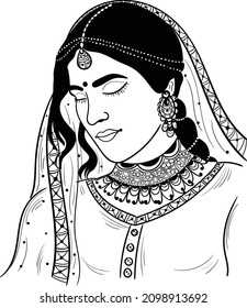 Indian wedding clip art, beautiful bride adornment Indian traditional style, black and white line drawing clip art illustration. Indian wedding symbol of bride "dulhan". 