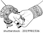 Indian wedding clip art black and white. India marriage template.Beautifully decorated Indian bride hand.Close-up of groom holding brides hand.Indian bride with Mehandi in hand in vector.