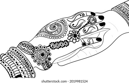 Indian wedding clip art black and white. India marriage template.Beautifully decorated Indian bride hand.Close-up of groom holding brides hand.Indian bride with Mehandi in hand in vector.