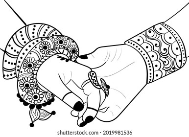 Indian wedding clip art black and white. India marriage template.Beautifully decorated Indian bride hand.Close-up of groom holding brides hand.Indian bride with Mehandi in hand in vector.