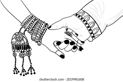 Indian wedding clip art black and white. India marriage template.Beautifully decorated Indian bride hand.Close-up of groom holding brides hand.Indian bride with Mehandi in hand in vector.