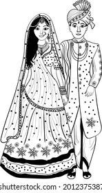 Indian wedding clip art bride and groom standing, black and white line drawing illustration clip art. Indian wedding clip art dulha and dulhan black and white illustration.
