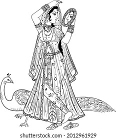 Indian wedding clip art of bride looking her face in the mirror and a peacock behind her. Beautiful Indian traditional Rajasthani Style black and white line drawing clip art of Rajputi women painting.