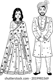 Indian wedding clip art bride and groom standing, black and white line drawing illustration clip art. Indian wedding clip art dulha and dulhan black and white illustration.