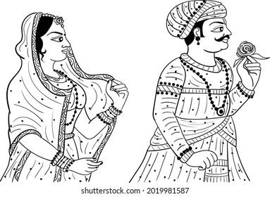 Indian wedding clip art bride and groom standing, black and white line drawing illustration. Indian wedding clip art dulha and dulhan illustration. Indian ancient drawing king and queen illustration.