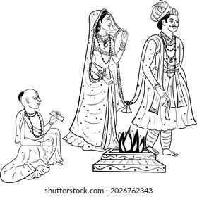 Indian wedding clip art of bride and groom marriage with hawan or worship fire with sitting of Pandit Ji alongside. Indian wedding symbol phere black and white clip art illustration line drawing.