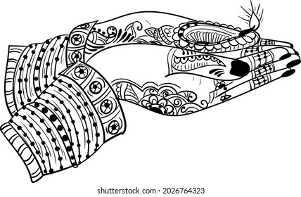 Indian wedding clip art of bride hands with deepak or oil lamp black and white clip art illustration. Indian wedding symbol of henna designed hands with deepak.