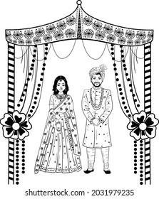 Indian wedding clip art bride and groom standing, black and white line drawing illustration clip art. Indian wedding clip art dulha and dulhan black and white illustration.