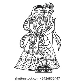 A Indian wedding clip art bride and groom standing, black and white line drawing illustration clip art. Indian wedding clip art dulha dulhan black and white illustration.