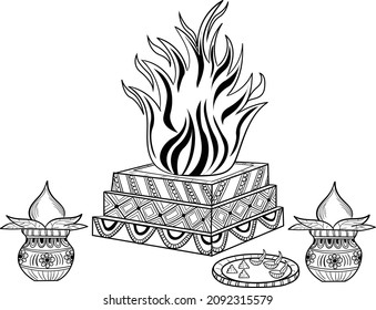 INDIAN WEDDING CLIP ART OF DECORATIVE HAVAN (HAWAN )DESIGN WITH KALASH. ornamental HAWAN DESIGN WITH FLORAL PATTERN BLACK AND WHITE. 