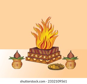 Indian wedding clip art of decorative havan design with kalash.Attractive design of a havan kund with the kalash, pooja thali tray, havan spoon with some floral decorative simple and unique design.