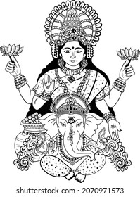 Indian wedding clip art of deepawali festival lord Ganesha with goddess Laxmi or Lakshmi. Indian wedding symbol Lakshmi and Ganesha black and white clip art illustration line drawing. 