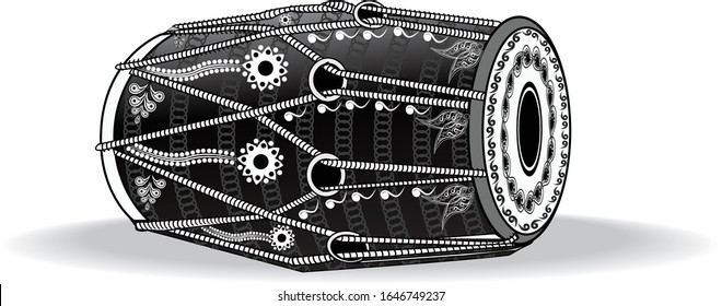 Indian wedding clip art of Dholak. Artistic Hand drawn traditional drum outline designer sketch. Vector black ink drawing dholak or gendang isolated on white background. Graphic illustration