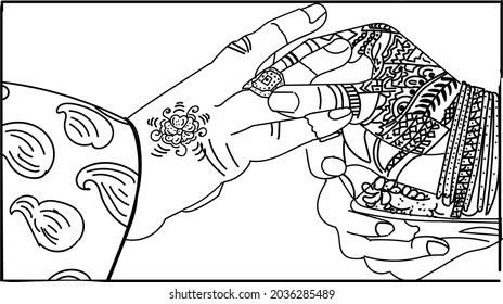 Indian Wedding Clip Art Of Engagement Ceremony. Indian Wedding Program Engagement Or Ring Ceremony Black And White Line Art Illustration. Man Women Hand With Ring Ceremony Vector Illustration.