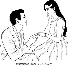 Indian Wedding Clip Art Of Engagement Ceremony. Indian Wedding Program Engagement Or Ring Ceremony Black And White Line Art Illustration. Indian Wedding Symbol Indian Bride And Groom Clipart.