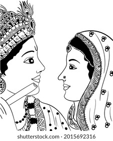Indian wedding clip art God, Lord Radha Krishna playing flute black and white line drawing clip art illustration. Indian wedding symbol groom bride with music instrument. Krishna Janmastmi clip art.