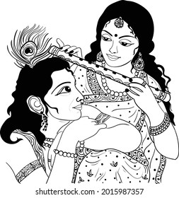 Indian wedding clip art of God Krishna and his beloved Radha stand gently embracing, with a flute in their hands. Sketch black line on a white background. Krishna Janmashtami clip art of Radha Krishna