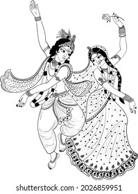 Indian wedding clip art of God Krishna and his beloved Radha play dance with a flute in their hands. Sketch black line on a white background. Krishna Janmashtami clip art of Radha Krishna