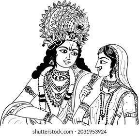 Indian wedding clip art God, Lord Radha Krishna playing flute black and white line drawing clip art illustration. Indian wedding symbol groom bride with music instrument. Krishna Janmastmi clip art.