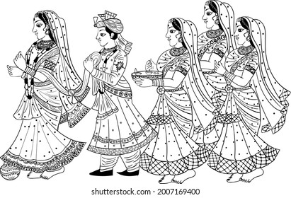 Indian wedding clip art. Indian groom, bride and their friends during Indian traditional wedding programs. Indian wedding line art black and white clip art icon symbol.