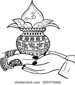 Indian wedding clip art of groom and bride with the Kalash, black and white line drawing clip art Indian groom bride hand vector illustraiton.
