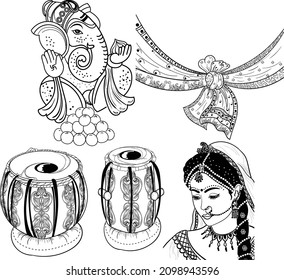 Indian wedding clip art. Happy Wedding INDIAN WEDDING CARD CLIP ART SYMBOL BLACK AND WHITE KNOT, KALASH, INDIAN LORD GANESHA , BRIDE , NAGADA AND GATHBANDHAN WITH CORNER illustrator vector design.