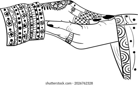 Indian wedding clip art of hathleva, an Indian wedding traditional program. Indian wedding symbol of bride and groom hands black and white clip art line drawing illustration.