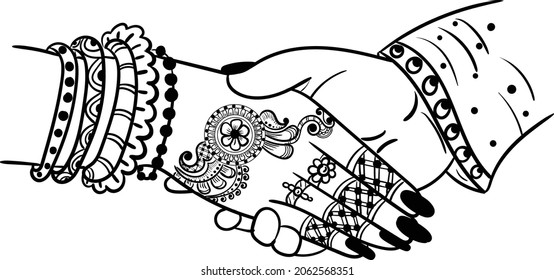 Indian wedding clip art of hathleva, an Indian wedding traditional program. Indian wedding symbol of bride and groom hands black and white clip art line drawing illustration.