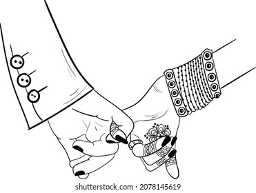 Indian wedding clip art of hathleva, an Indian wedding traditional program. Indian wedding symbol of bride and groom hands black and white clip art line drawing illustration.