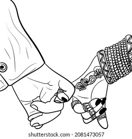 Indian wedding clip art of hathleva, an Indian wedding traditional program. Indian wedding symbol of bride and groom hands black and white clip art line drawing illustration.