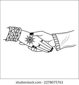 Indian wedding clip art of hathleva, an Indian wedding traditional program. Indian wedding symbol of bride and groom hands black and white clip art line drawing illustration.