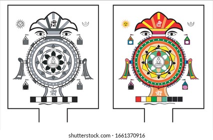 Indian wedding clip art of JAIN RELIGION SIDHCHAKRA MANDAL POOJA POOJAN TEMPLE VECTOR ART. Indian wedding symbol Jainism religious icon colourful and black and white line drawing illustration.