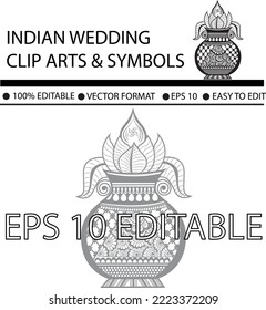 Indian wedding clip art Kalash on white background artistic marriage symbols. BLACK AND WHITE DECORATIVE AND CREATIVE KALASH DESIGN