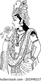 Indian wedding clip art of Lord Krishna. Indian Hinduism god Lord Krishna or Kanhaiya with flower and flute black and white Janmasthmi clip art illustration line drawing.