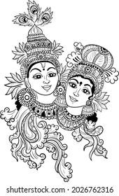 Indian wedding clip art of Lord Krishna and Radha black and white line drawing illustration. Indian wedding symbol of Indian god of love Shri Krishna and Radha or Radhe Krishna black and white symbol