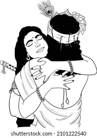 Indian wedding clip art of Lord Krishna and Radha hugging each other black and white line drawing illustration. Indian wedding symbol line art. 