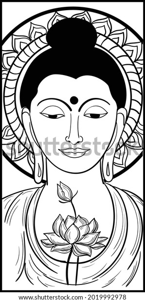 Indian wedding clip art of Lord God Buddha black and white clip art illustration. Buddhism religious black and white clip art of lord Buddha with lotus flower black and white clip art illustration.