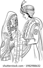 Indian wedding clip art of man and woman getting married. INDIAN BRIDE AND GROOM VECTOR LINE ART DRAWING CLIP ART. Indian wedding symbol bride groom vector illustration line art.