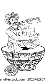 Indian wedding clip art man playing flute, kartal and tabla with his hands black and white clip art illustration line drawing. Indian wedding symbol of music player in wedding function.