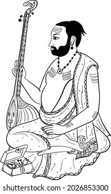 Indian wedding clip art of a man playing music instrument sitar by hands.Hinduism wedding symbol of a man playing music instrument sitar black and white clip art line art. Wedding clip art
