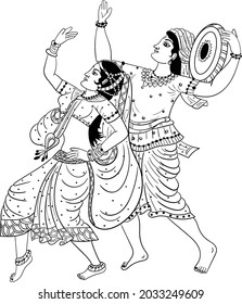 Indian wedding clip art of man and women playing indian wedding music instrument dhapli vector line art drawing clip art. Indian wedding symbol man and woman dancing black and white line drawing 