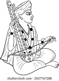 Indische Hochzeitsklauselkunst eines Mannes, der ein Musikinstrument sarangi von Händen spielt.Hinduismus Hochzeitssymbol eines Mannes, der ein Musikinstrument spielt Sitar Schwarz-Weiß Clipkunst. Hochzeitsclip-Kunst