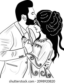 Indian wedding clip art of man and woman getting married. INDIAN BRIDE AND GROOM VECTOR LINE ART DRAWING CLIP ART. Indian wedding symbol bride groom vector illustration line art.